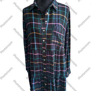 LOFT NWT Large Multicolor Plaid Gauzy Long Sleeve Drop Waist Button Dress
